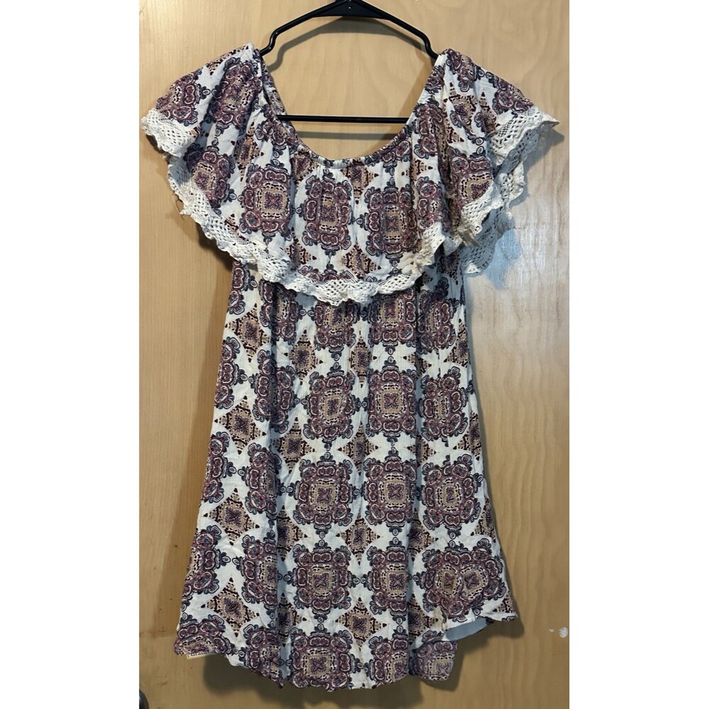 Rue21 Boho Peasant Blouse Medallion Paisley Lace Ruffle Off Shoulder Small EUC